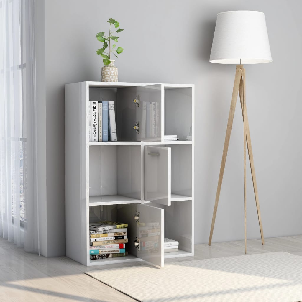 Ραφιέρα με Ντουλάπια Γυαλιστ. Λευκό 60x29,5x90 εκ. Επεξ. Ξύλο