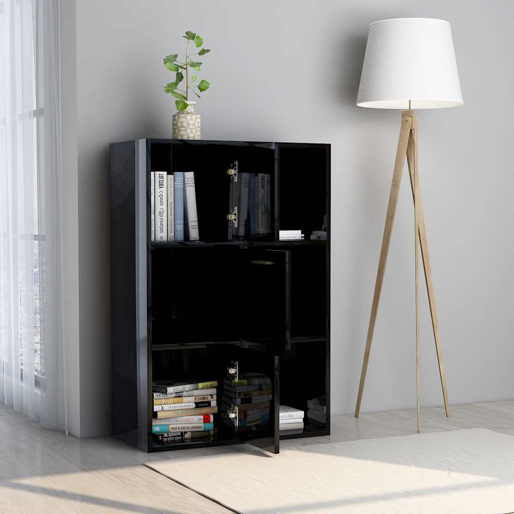 Ραφιέρα με Ντουλάπια Γυαλιστ. Μαύρο 60x29,5x90 εκ. Μοριοσανίδα