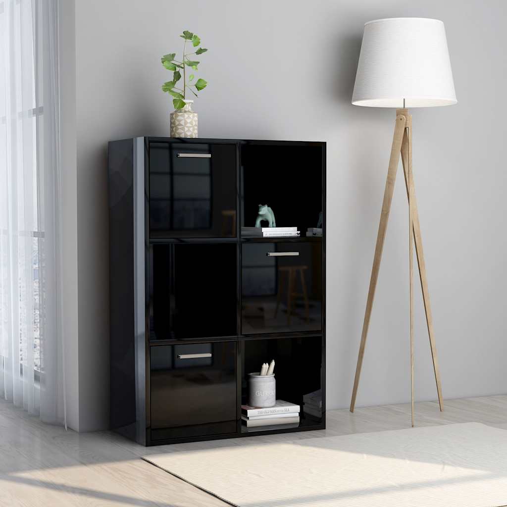 Ραφιέρα με Ντουλάπια Γυαλιστ. Μαύρο 60x29,5x90 εκ. Μοριοσανίδα