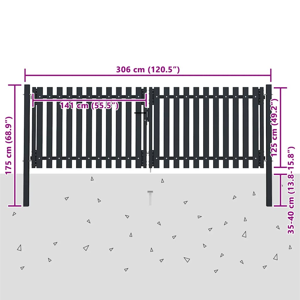 Πόρτα με Διπλή Πόρτα και Φράχτη Ανθρακί 300x125 εκ. από Ατσάλι - PAKOBAZAAR