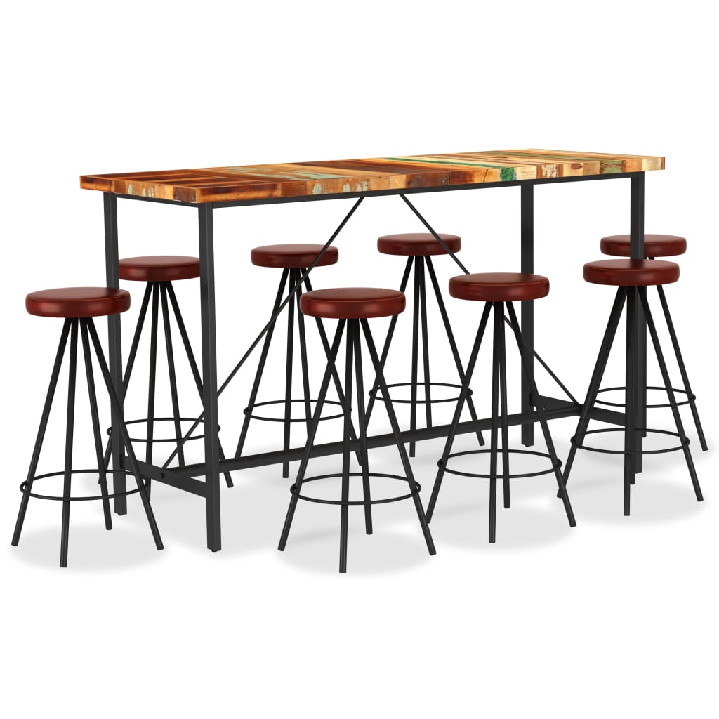 Σετ Επίπλων Μπαρ 9 τεμ. από Ανακυκλωμένο Ξύλο και Γνήσιο Δέρμα - PAKOBAZAAR