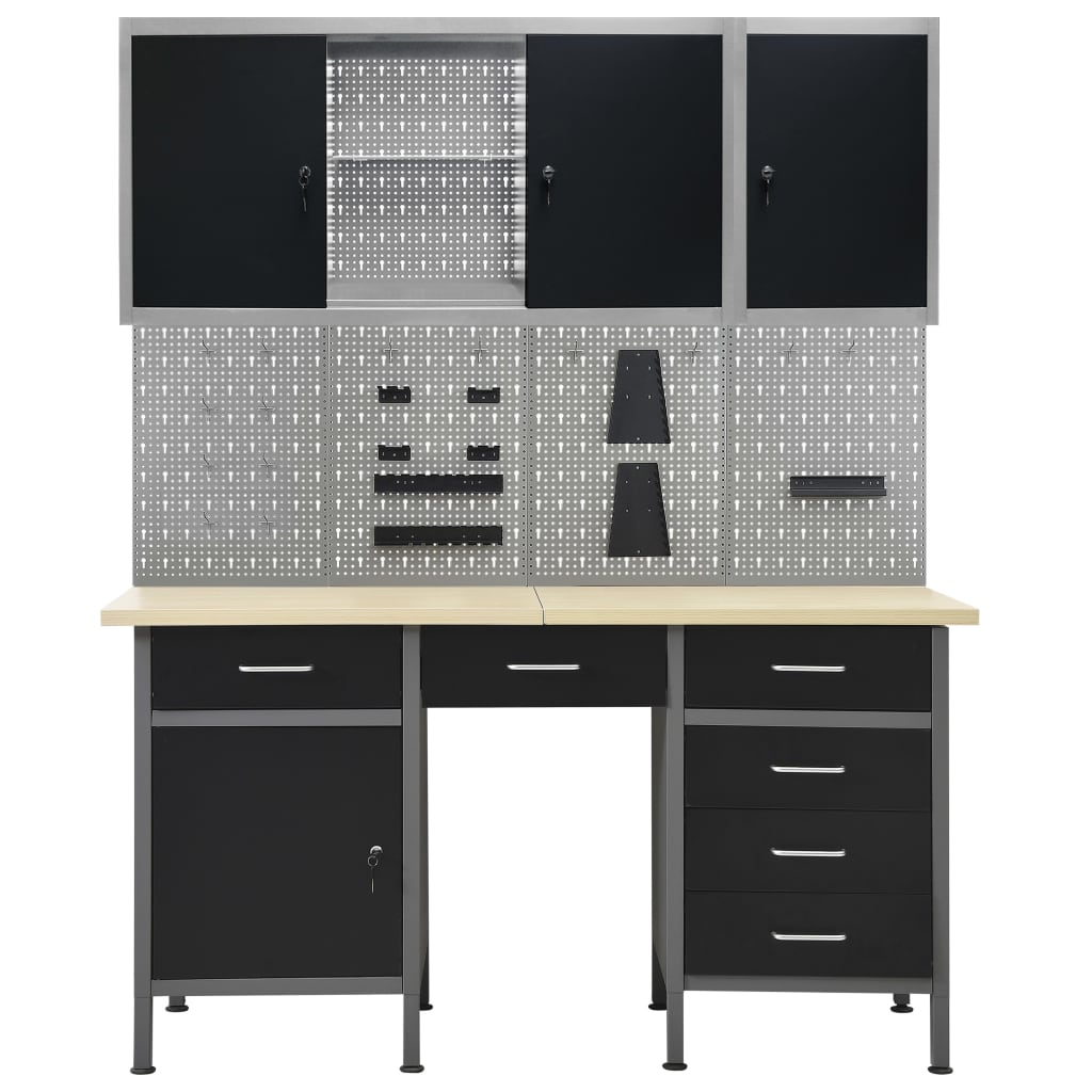 Πάγκος Εργασίας με Τέσσερα Πάνελ Τοίχου και Δύο Ντουλάπια - Pakobazaar