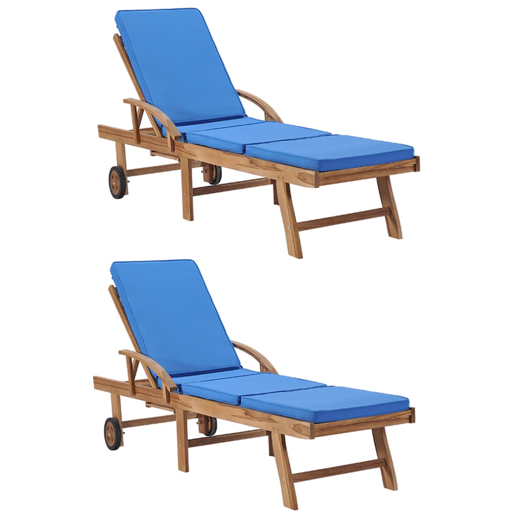 Ξαπλώστρες Μπλε από Μασίφ Ξύλο Teak με 2 τεμ. Μαξιλάρια - PAKOBAZAAR