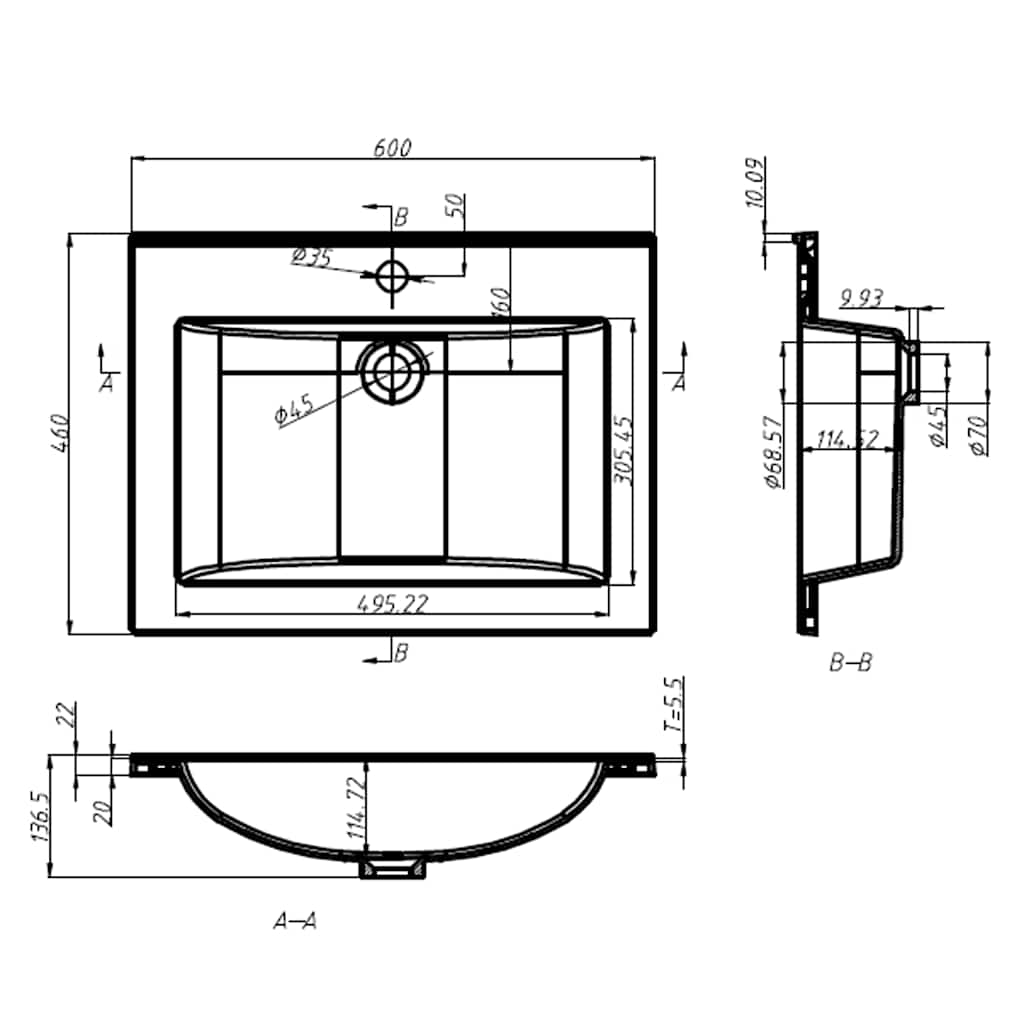 Νιπτήρας Ένθετος Λευκός 600 x 460 x 130 χιλ. από SMC