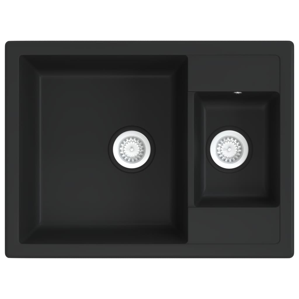 Νεροχύτης με Δύο Γούρνες & Οπή Υπερχείλισης Μαύρος Γρανιτένιος - PAKOBAZAAR