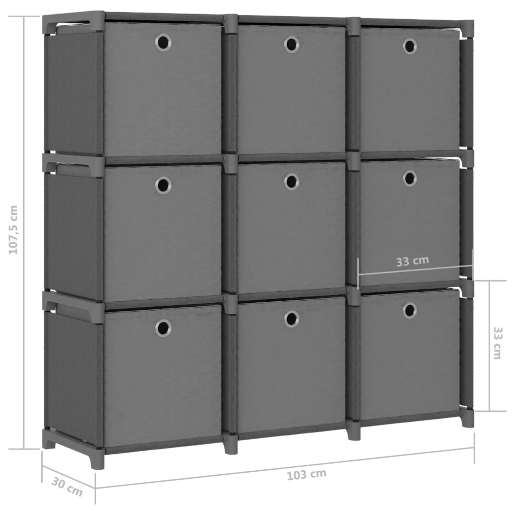 Ραφιέρα με 9 Κύβους & Κουτιά Γκρι 103x30x107,5 εκ. Υφασμάτινη