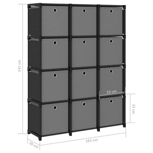 Ραφιέρα με 12 Κύβους & Κουτιά Μαύρη 103x30x141 εκ. Υφασμάτινη