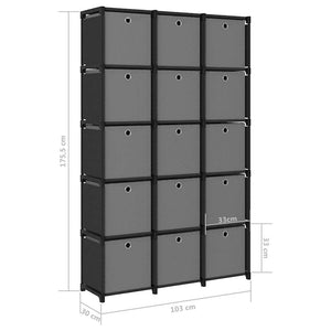 Ραφιέρα με 15 Κύβους & Κουτιά Μαύρη 103x30x175,5 εκ. Υφασμάτινη