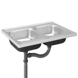 Νεροχύτης Διπλή Γούρνα Ασημί 800x600x155 χιλ. Ανοξείδωτο Ατσάλι - PAKOBAZAAR