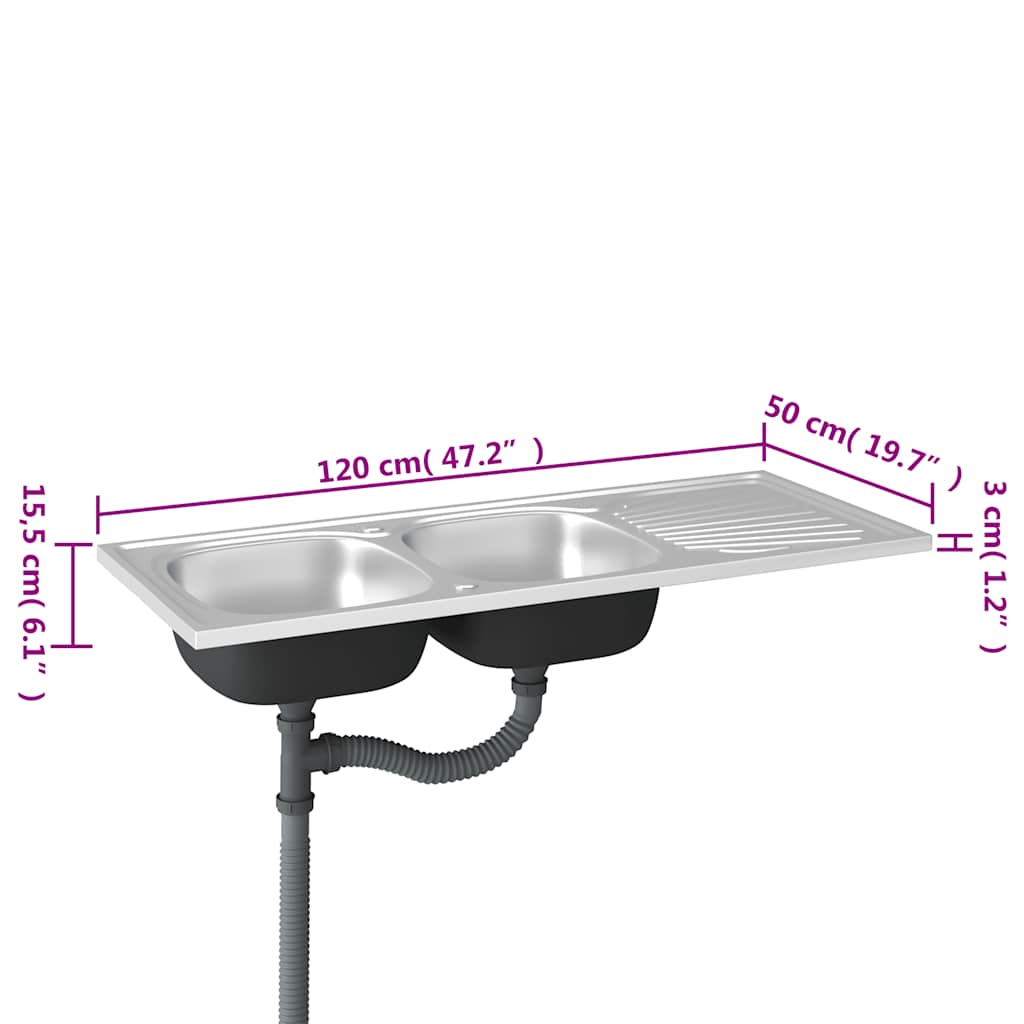 Νεροχύτης Διπλή Γούρνα Ασημί 1200x500x155 χιλ. Ανοξείδ. Ατσάλι - PAKOBAZAAR