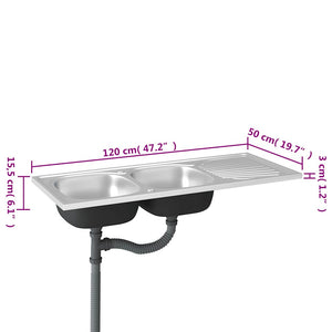 Νεροχύτης Διπλή Γούρνα Ασημί 1200x500x155 χιλ. Ανοξείδ. Ατσάλι - PAKOBAZAAR