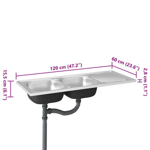 Νεροχύτης Διπλή Γούρνα Ασημί 1200x600x155 χιλ. Ανοξείδ. Ατσάλι - PAKOBAZAAR