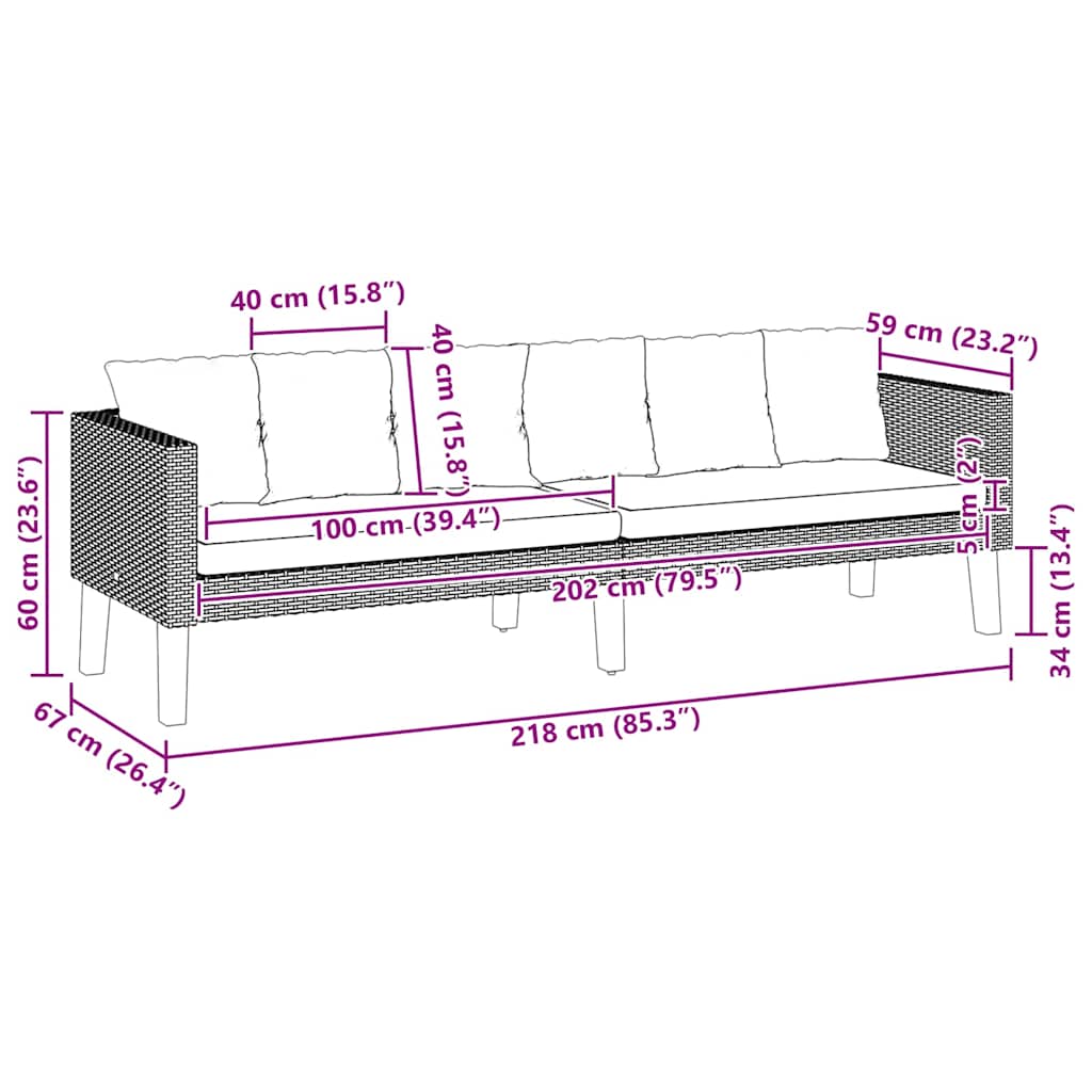 Καναπές Κήπου Τριθέσιος Μαύρος από Συνθετικό Ρατάν με Μαξιλάρια - PAKOBAZAAR