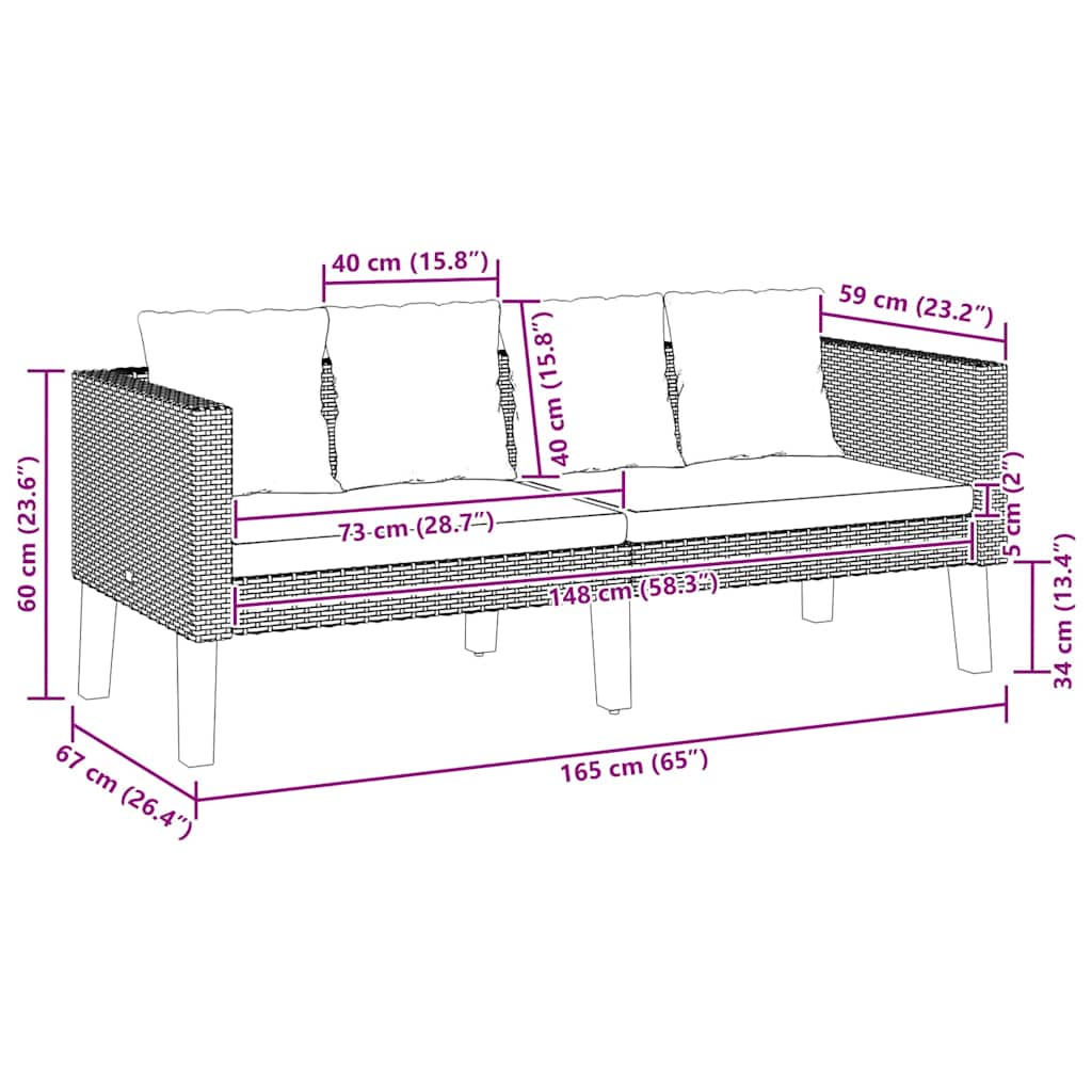 Καναπές Κήπου Διθέσιος Μαύρος από Συνθετικό Ρατάν με Μαξιλάρια - PAKOBAZAAR