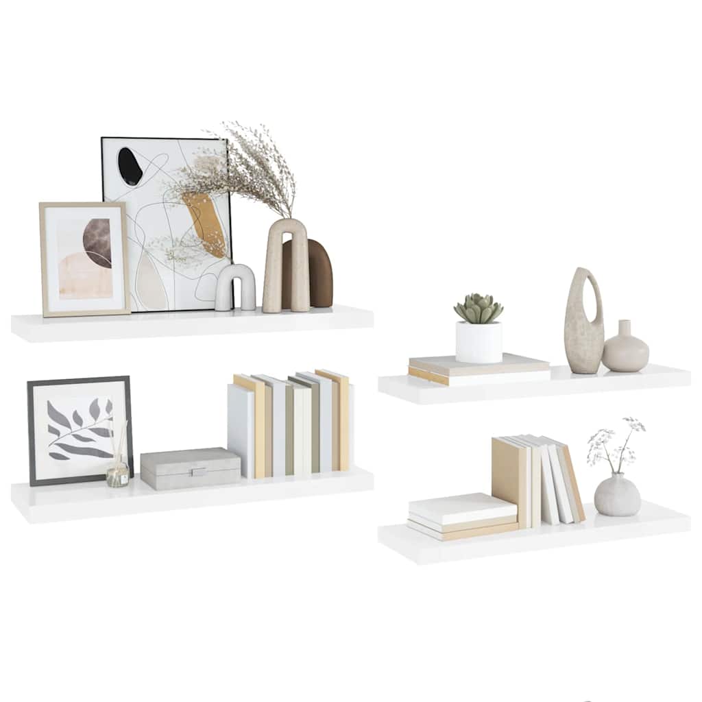 Ράφια Τοίχου Γυαλιστερά Άσπρα 4 Τεμάχια 90x23,5x3,8 εκ. MDF