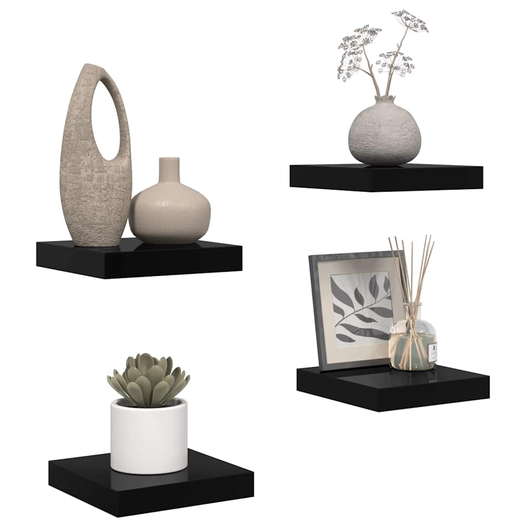 Ράφια Τοίχου Γυαλιστερά Μαύρα 4 Τεμάχια 23x23,5x3,8 εκ. MDF