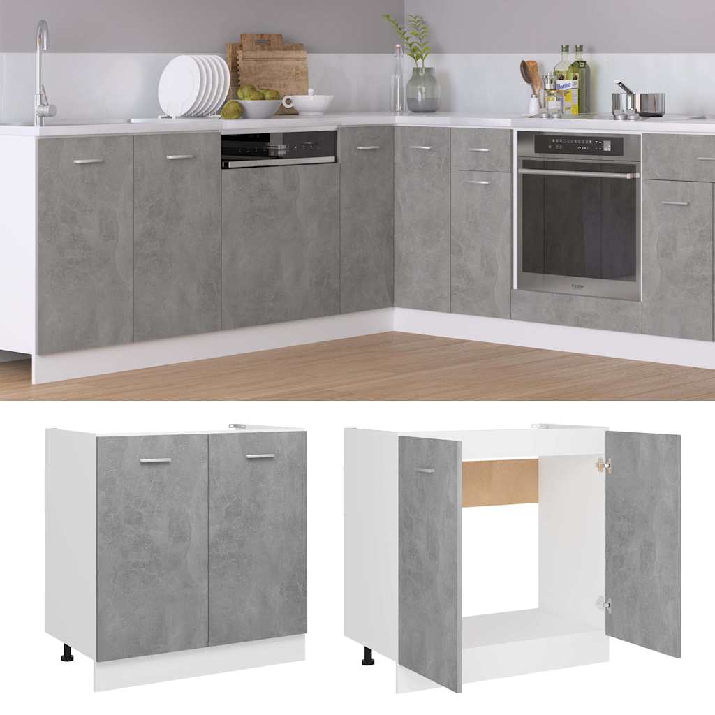 Ντουλάπι Νεροχύτη Γκρι Σκυροδέματος 80x46x81,5 εκ. Επεξ. Ξύλο