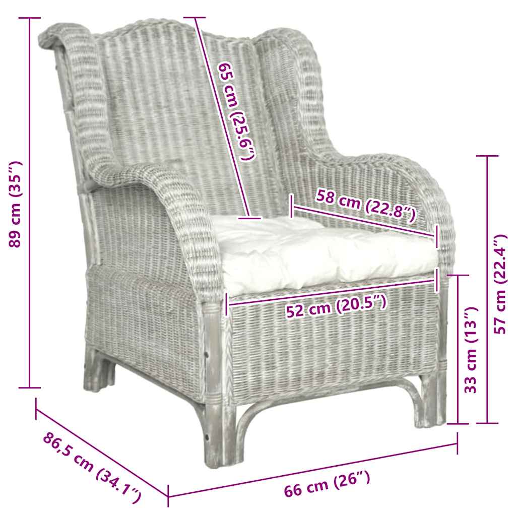 Καναπές Γκρι από Γνήσιο Ρατάν και Λινό με Μαξιλάρι