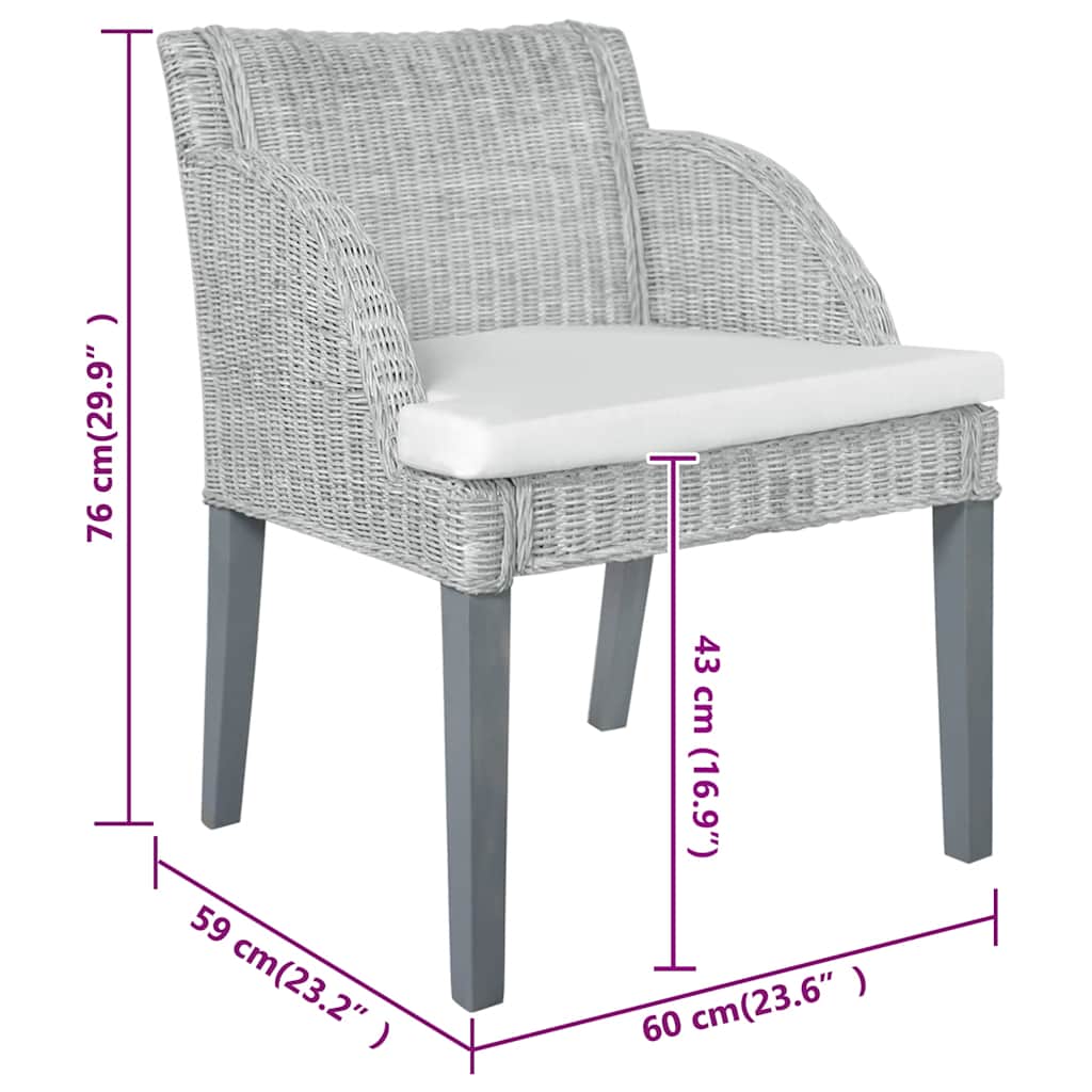Καρέκλες Τραπεζαρίας 2 τεμ. Γκρι από Φυσικό Ρατάν με Μαξιλάρια