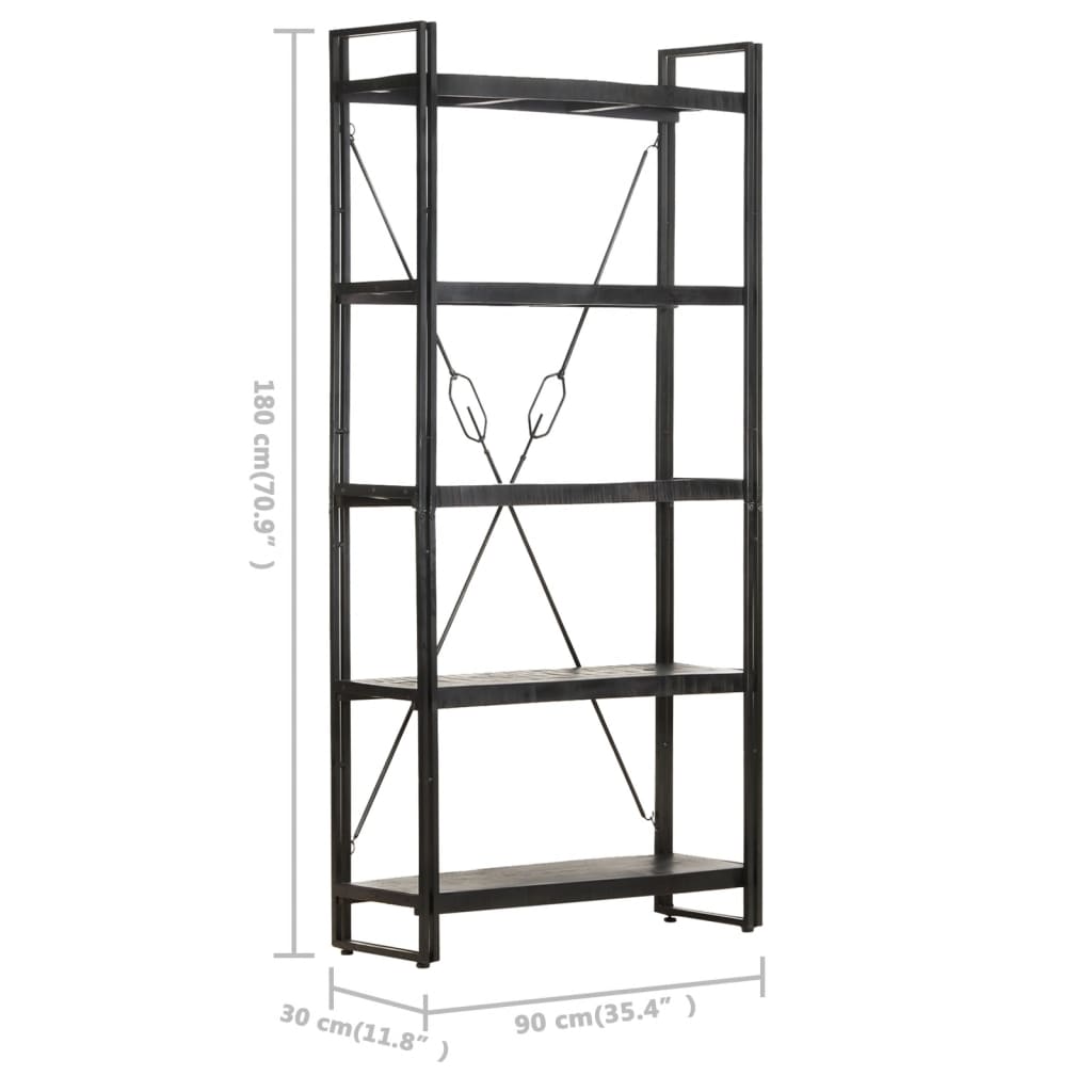 Βιβλιοθήκη με 5 Επίπεδα Μαύρη 90x30x180 εκ. Μασίφ Ξύλο Μάνγκο