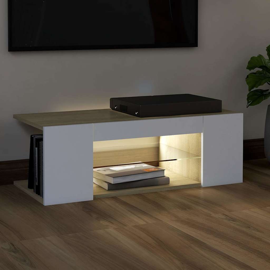 Έπιπλο Τηλεόρασης με LED Λευκό/Sonoma Δρυς 90x39x30 εκ. - Pakobazaar