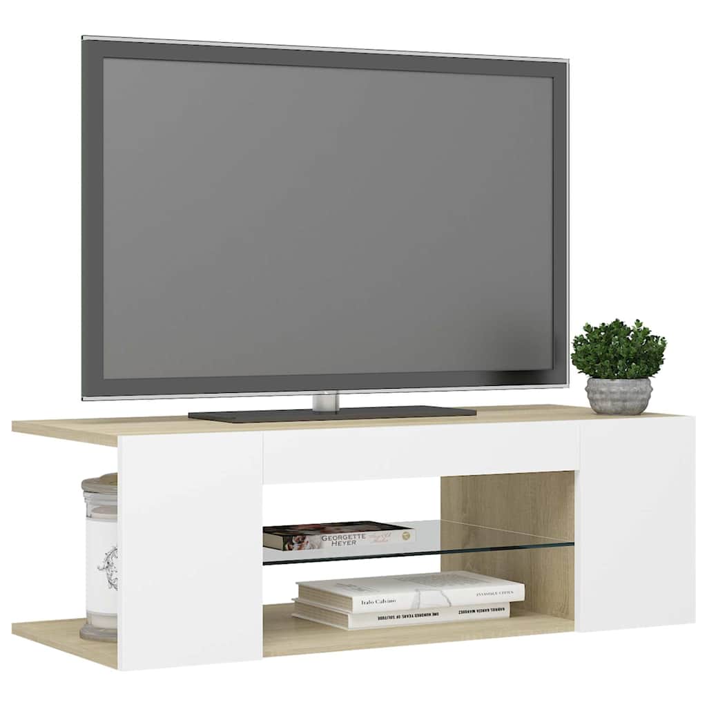 Έπιπλο Τηλεόρασης με LED Λευκό/Sonoma Δρυς 90x39x30 εκ. - Pakobazaar