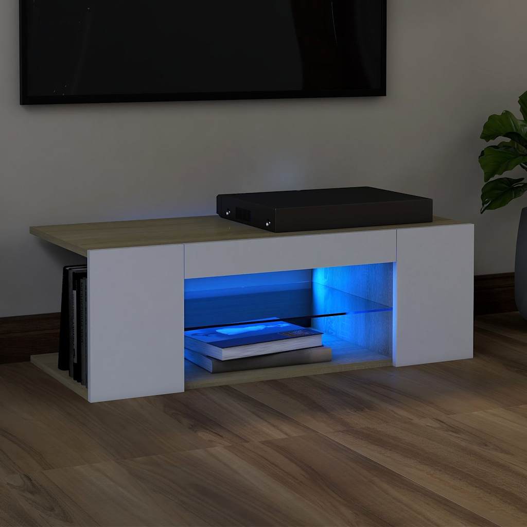Έπιπλο Τηλεόρασης με LED Λευκό/Sonoma Δρυς 90x39x30 εκ. - Pakobazaar