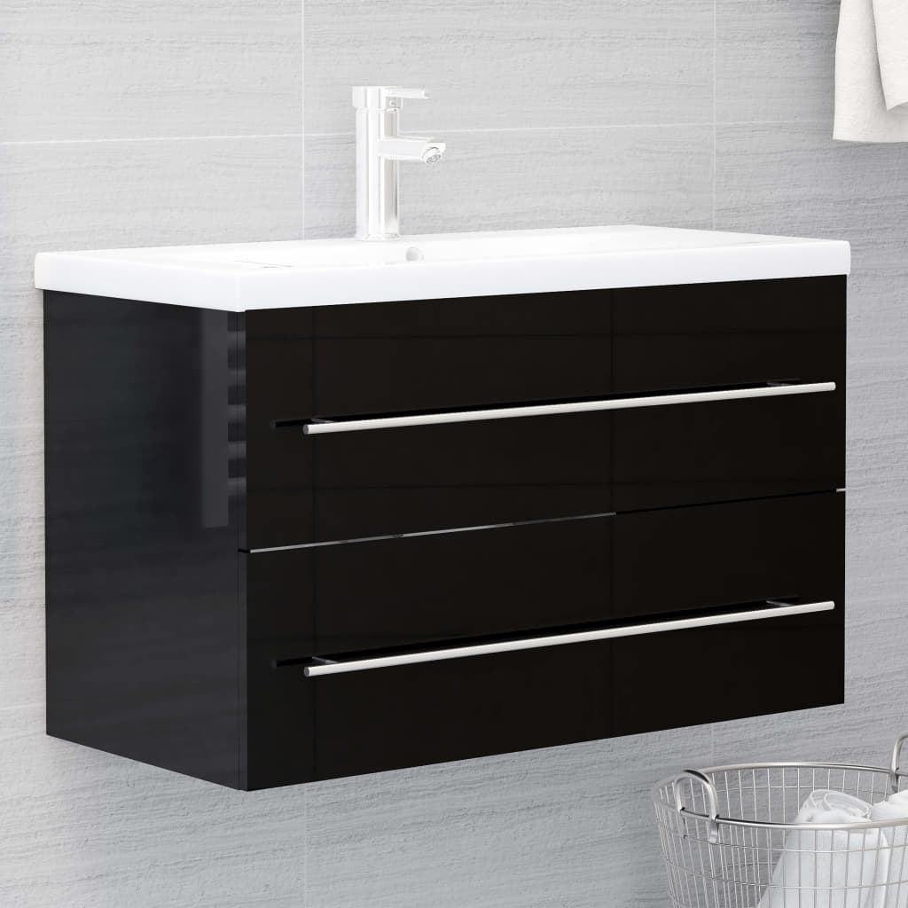 Ντουλάπι Νιπτήρα Γυαλιστερό Μαύρο 80x38,5x48 εκ. από Επεξ. Ξύλο