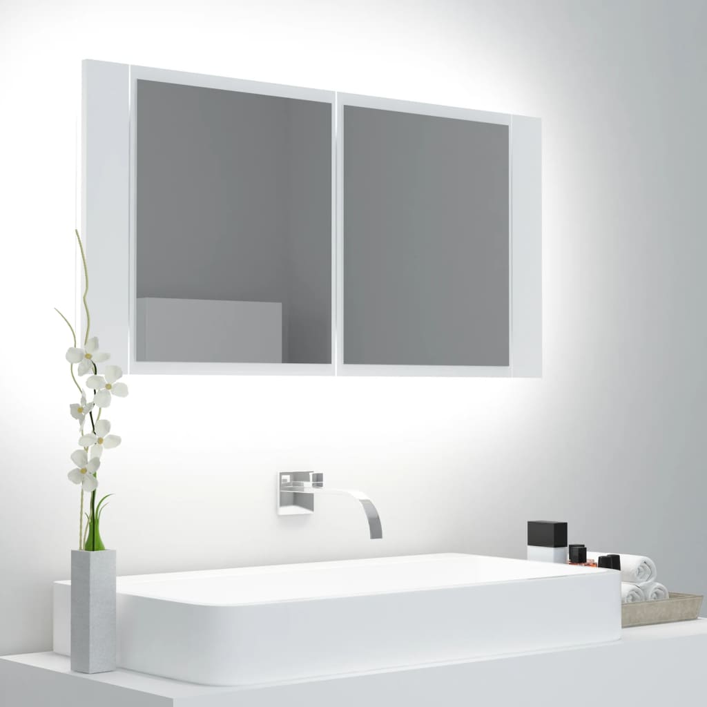 Καθρέφτης Μπάνιου με Ντουλάπι LED Λευκός 90x12x45 εκ. Ακρυλικός - Pakobazaar