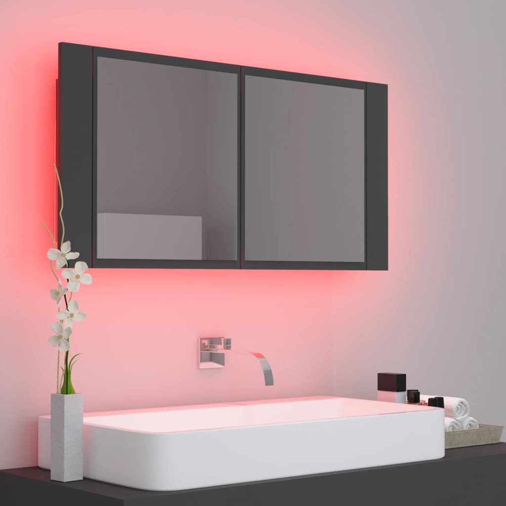 Ντουλάπι Μπάνιου με Καθρέφτη και LED Γκρι 90x12x45εκ. Ακρυλικός - Pakobazaar