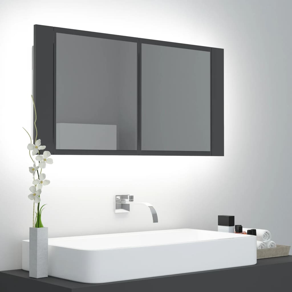 Ντουλάπι Μπάνιου με Καθρέφτη και LED Γκρι 90x12x45εκ. Ακρυλικός - Pakobazaar