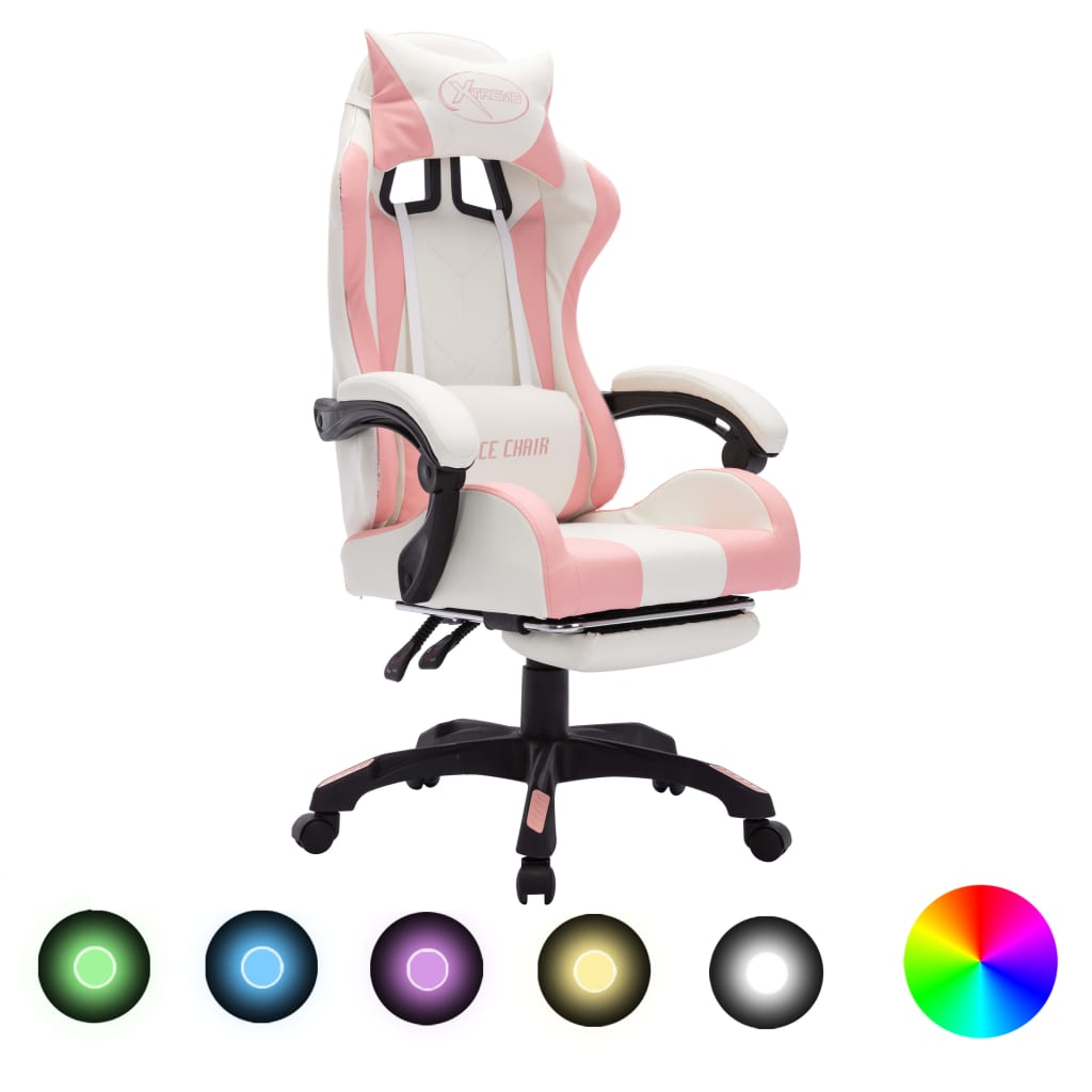 Καρέκλα Racing με Φωτισμό RGB LED Ροζ/Λευκό Συνθετικό Δέρμα - PAKOBAZAAR