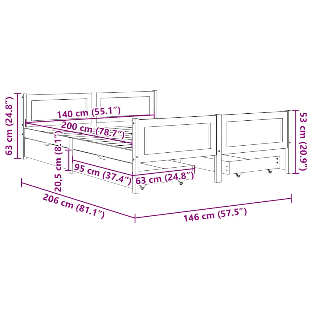 Πλαίσιο Κρεβατιού με 4 Συρτάρια Λευκό 140 x 200 εκ. Ξύλο Πεύκου - Pakobazaar