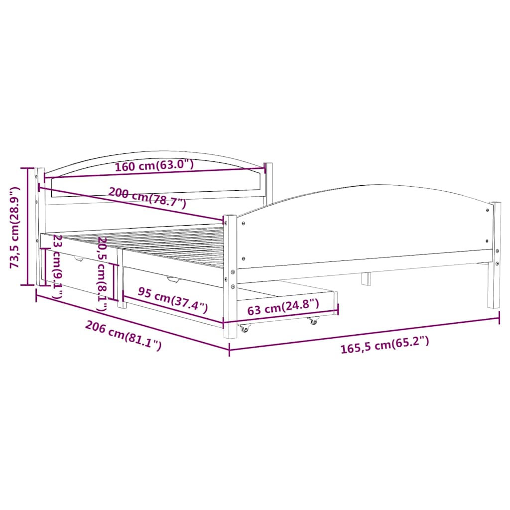 Πλαίσιο Κρεβατιού με 2 Συρτάρια Λευκό 160 x 200 εκ. Ξύλο Πεύκου