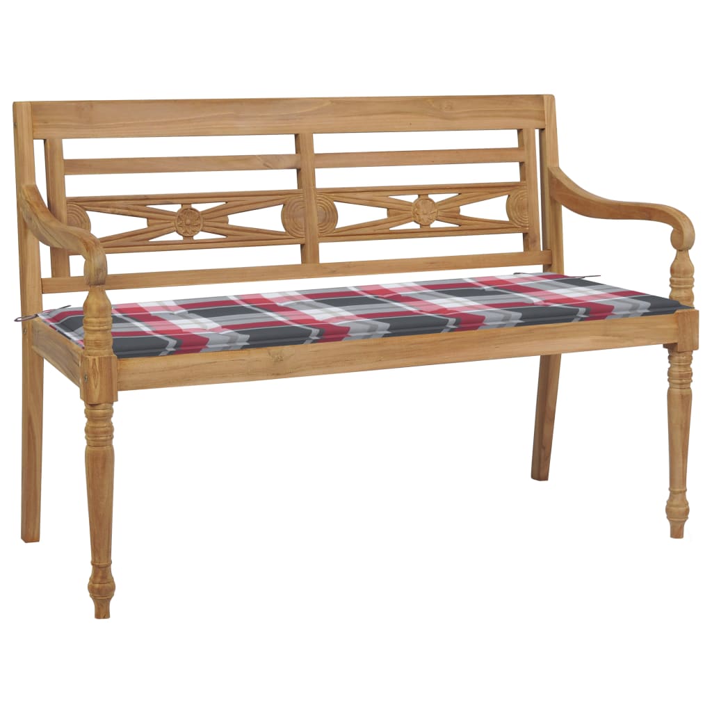 Παγκάκι Batavia 120 εκ. Μασίφ Ξύλο Teak & Κόκκινο Καρό Μαξιλάρι - Pakobazaar