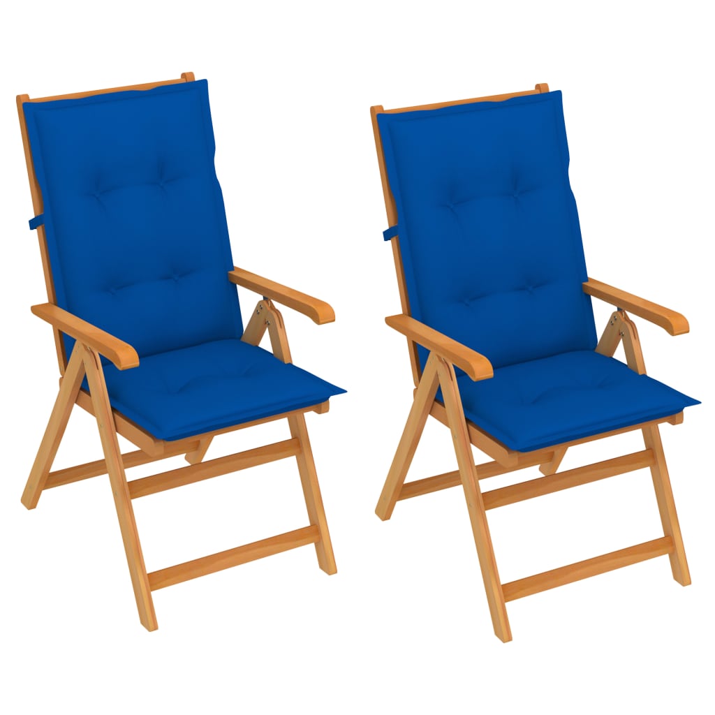 Πτυσσόμενες Καρέκλες 2 τεμ. με Μαξιλάρια Royal Blue από Μασίφ Ξύλο Teak