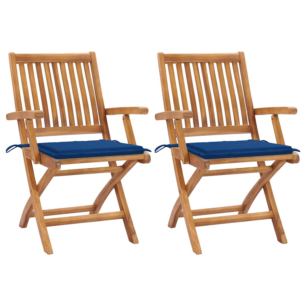 Πτυσσόμενες Καρέκλες 2 τεμ. με Μαξιλάρια Royal Blue από Μασίφ Ξύλο Teak