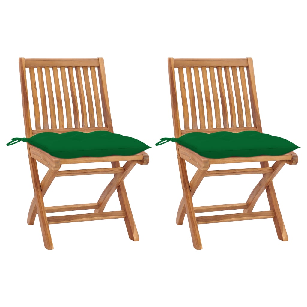 Καρέκλες Κήπου 2 τεμ. από Μασίφ Ξύλο Teak με Πράσινα Μαξιλάρια - PAKOBAZAAR