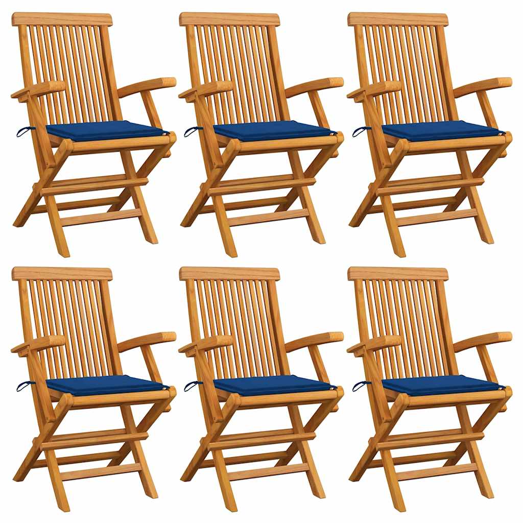 Πτυσσόμενες καρέκλες με μαξιλάρια Royal Blue 6 τεμάχια από μασίφ ξύλο τικ - Pakobazaar
