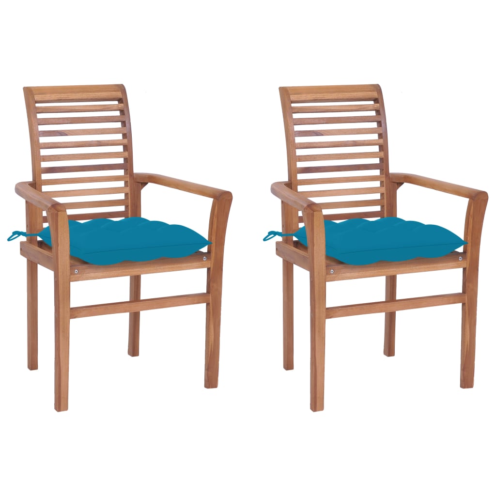 Καρέκλες Τραπεζαρίας 2 τεμ. Μασίφ Ξύλο Teak & Γαλάζια Μαξιλάρια