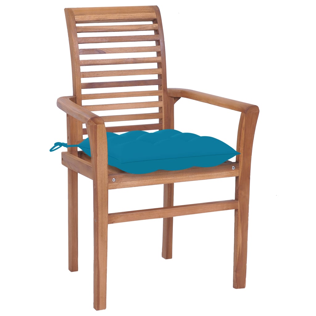 Καρέκλες Τραπεζαρίας 2 τεμ. Μασίφ Ξύλο Teak & Γαλάζια Μαξιλάρια