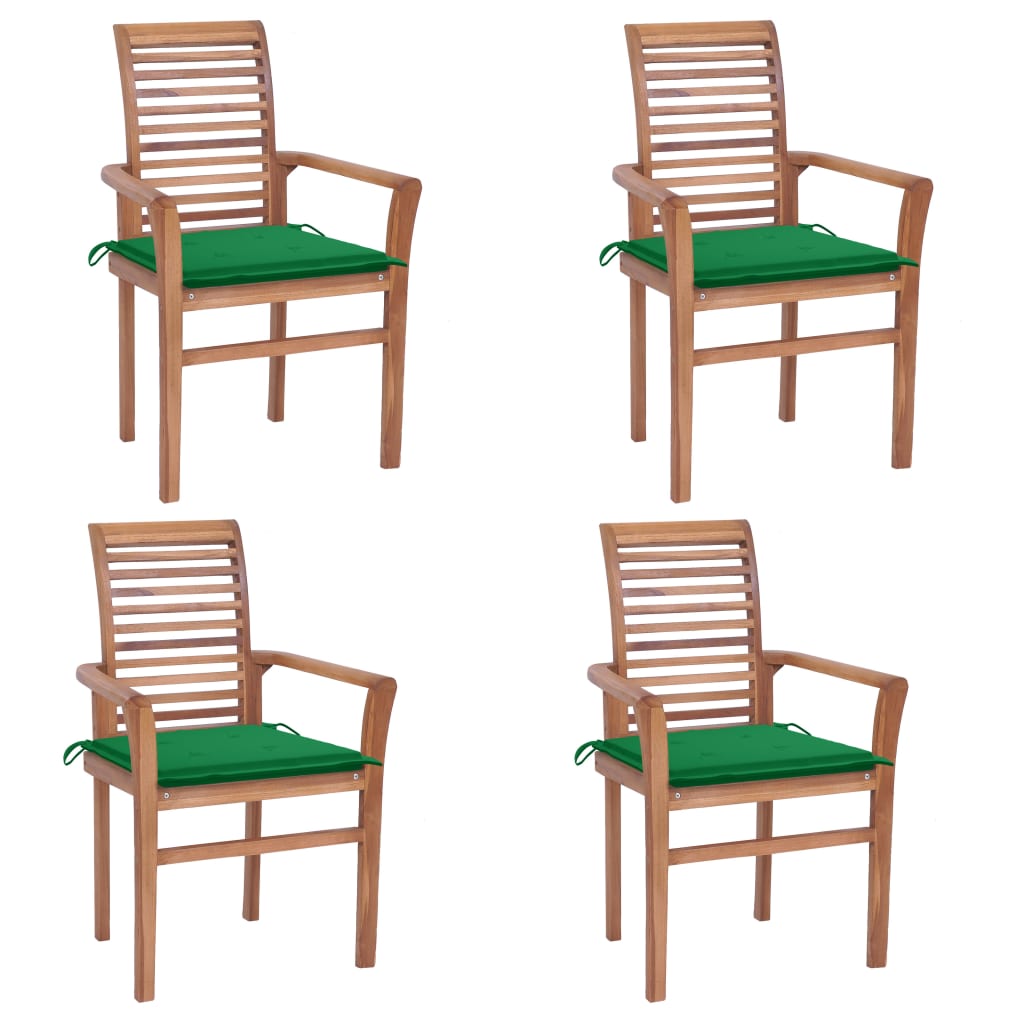 Καρέκλες Τραπεζαρίας 4 τεμ. Μασίφ Ξύλο Teak / Πράσινα Μαξιλάρια - Pakobazaar