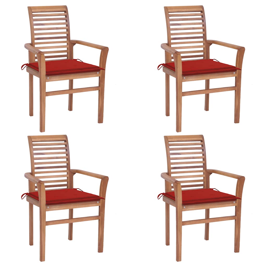 Καρέκλες Τραπεζαρίας 4 τεμ. Μασίφ Ξύλο Teak & Κόκκινα Μαξιλάρια