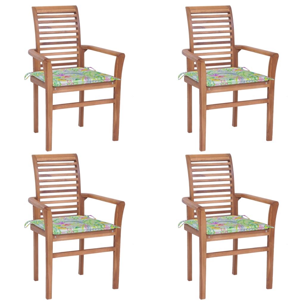 Καρέκλες Τραπεζαρίας 4 τεμ. Ξύλο Teak & Μαξιλάρια Σχέδιο Φύλλων