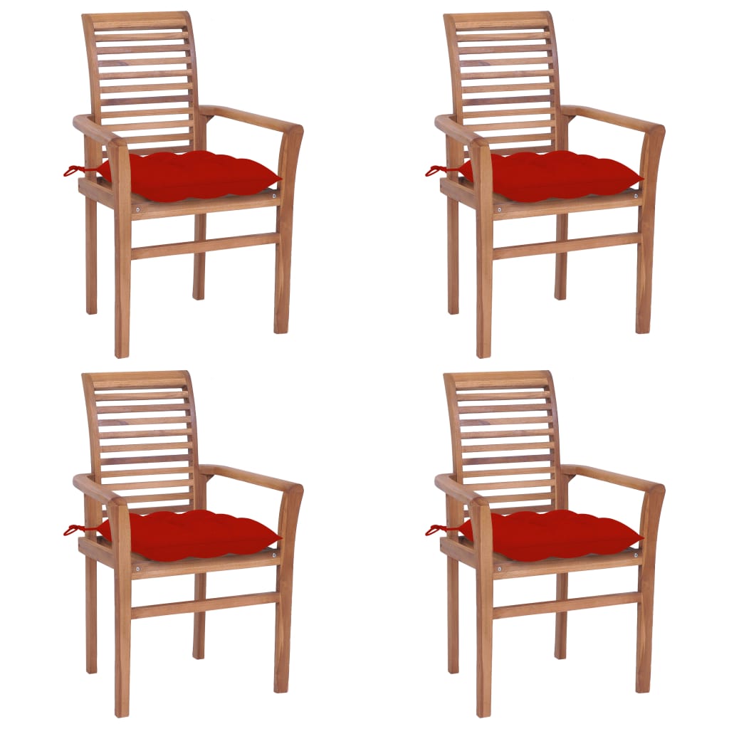 Καρέκλες Τραπεζαρίας 4 τεμ. Μασίφ Ξύλο Teak & Κόκκινα Μαξιλάρια