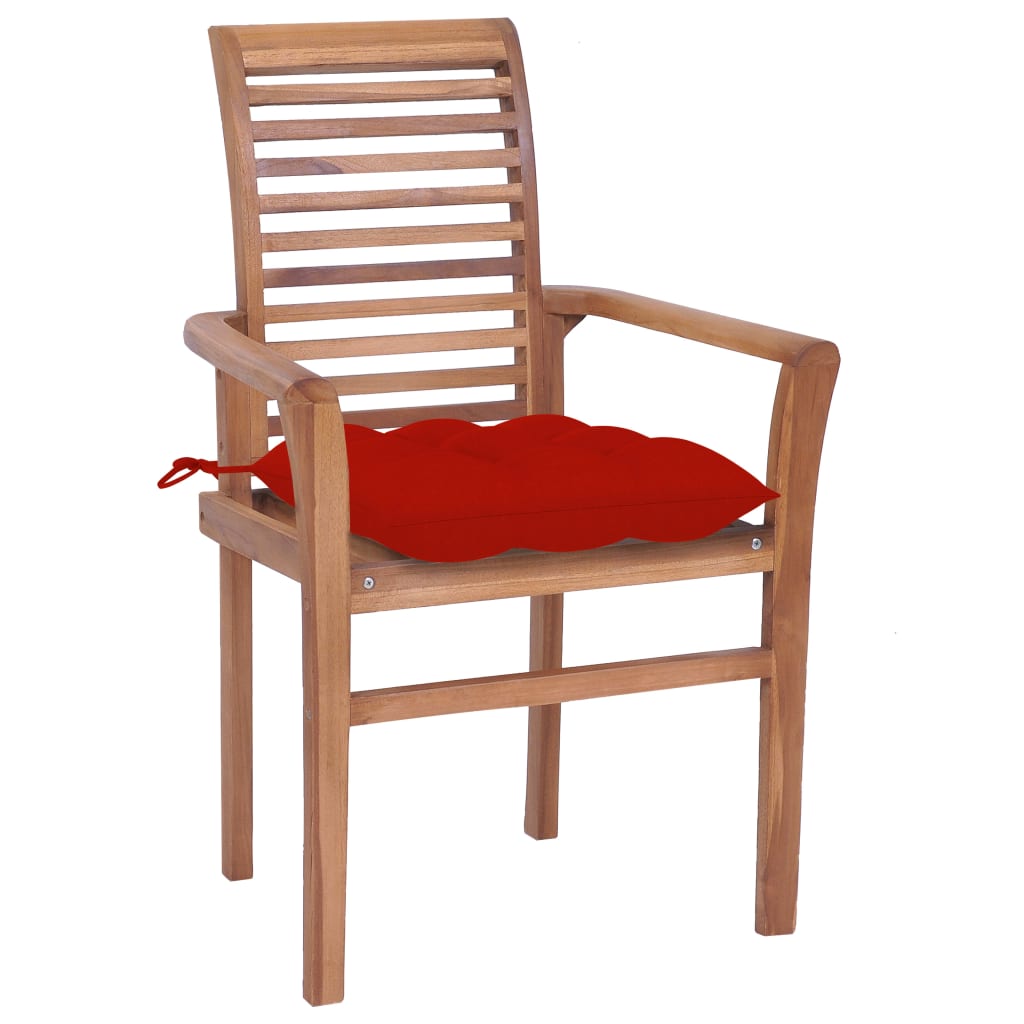 Καρέκλες Τραπεζαρίας 4 τεμ. Μασίφ Ξύλο Teak & Κόκκινα Μαξιλάρια