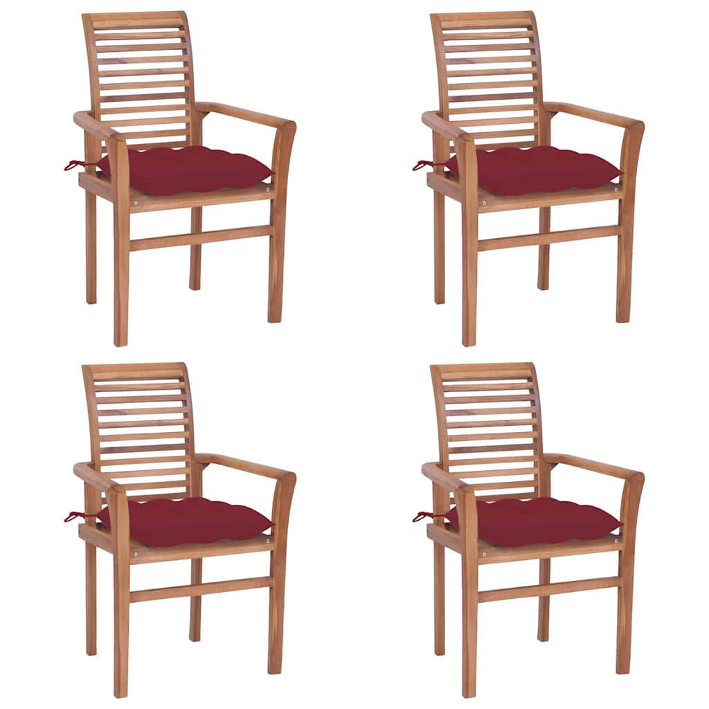 Καρέκλες Τραπεζαρίας 4 τεμ. Μασίφ Ξύλο Teak & Μπορντό Μαξιλάρια - Pakobazaar