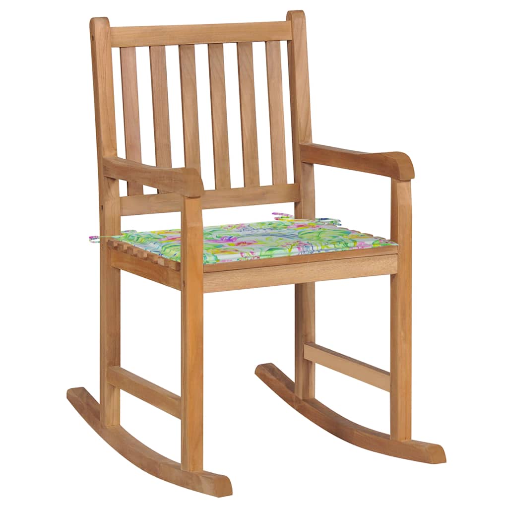 Πολυθρόνα Κουνιστή Μασίφ Ξύλο Teak & Μαξιλάρι με Σχέδιο Φύλλα