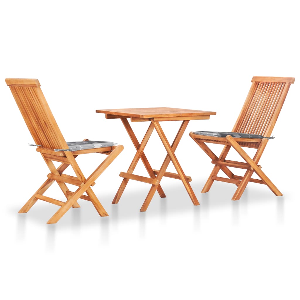 Σετ Επίπλων Mπιστρό 3 τεμ Μασίφ Ξύλο Teak & Γκρι Καρό Μαξιλάρια - PAKOBAZAAR