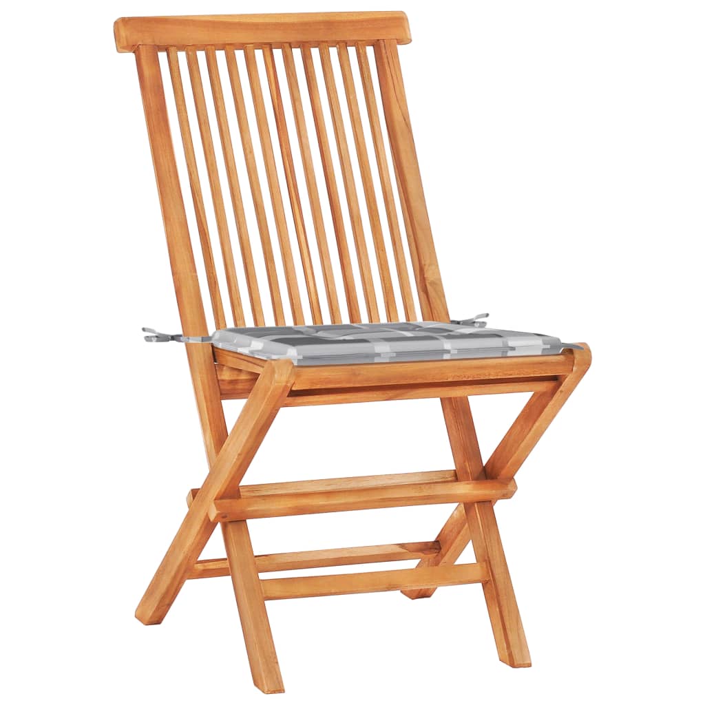 Σετ Επίπλων Mπιστρό 3 τεμ Μασίφ Ξύλο Teak & Γκρι Καρό Μαξιλάρια - PAKOBAZAAR